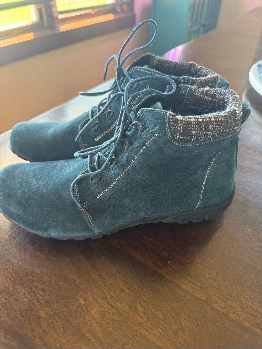 Propet Teal Suede Lace-Up Ankle Boots with Knit Collar